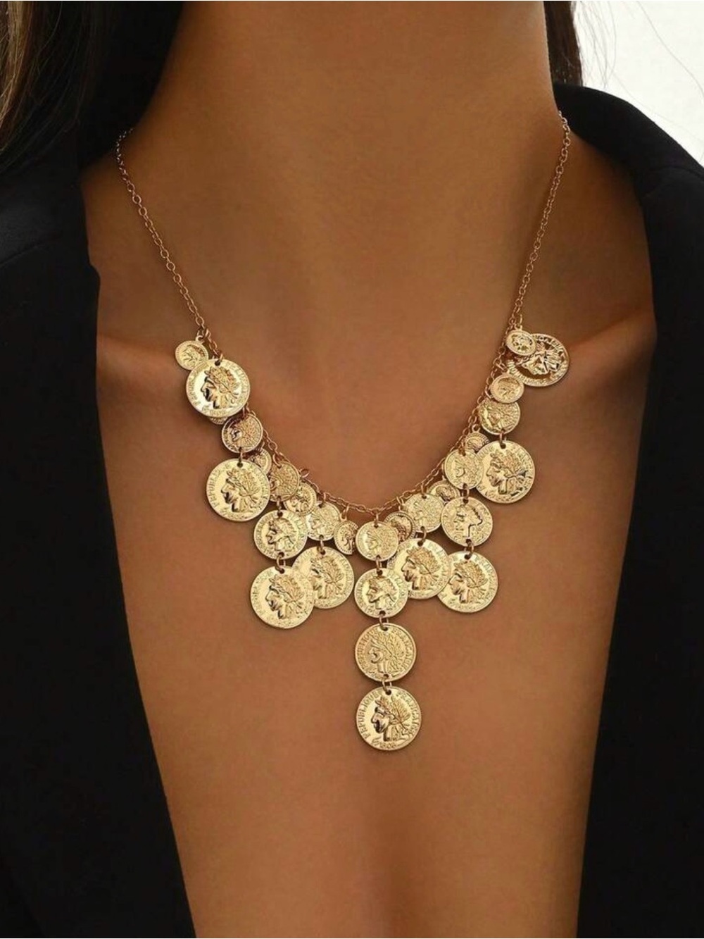 Gold Coin Cascade Statement Necklace